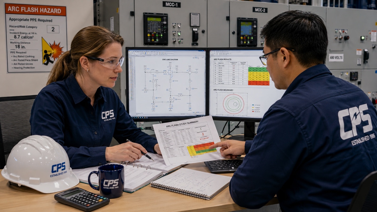 Arc Flash Study Services | Coastal Power Systems - Coastal Power Systems Engineers performing an arc flash study by reviewing electrical one-line diagrams, incident energy calculations, and protective device settings in an industrial power systems control room.