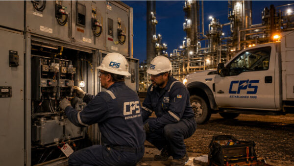 Emergency Response | Coastal Power Systems - Coastal Power Systems CPS field service technicians responding to a critical power system outage at an industrial facility during nighttime emergency operations.