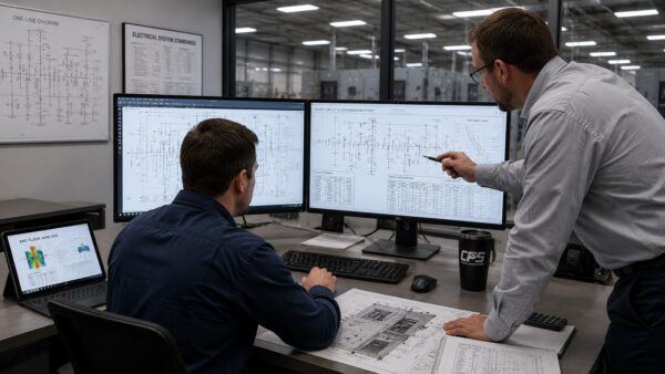 Engineering Studies | Coastal Power Systems - Coastal Power Systems Electrical engineers reviewing power system one-line diagrams, coordination studies, and arc flash analysis during an engineering design review.