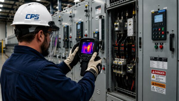 Reliability & Maintenance | Coastal Power Systems - Coastal Power Systems Technician performing infrared thermography inspection of energized switchgear to identify potential electrical hot spots and reliability risks.