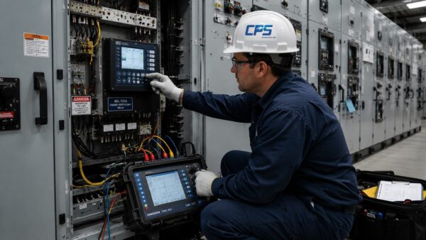 Testing & Commissioning | Coastal Power Systems - Coastal Power Systems Technician performing relay testing and commissioning inside low-voltage switchgear using professional electrical test equipment.