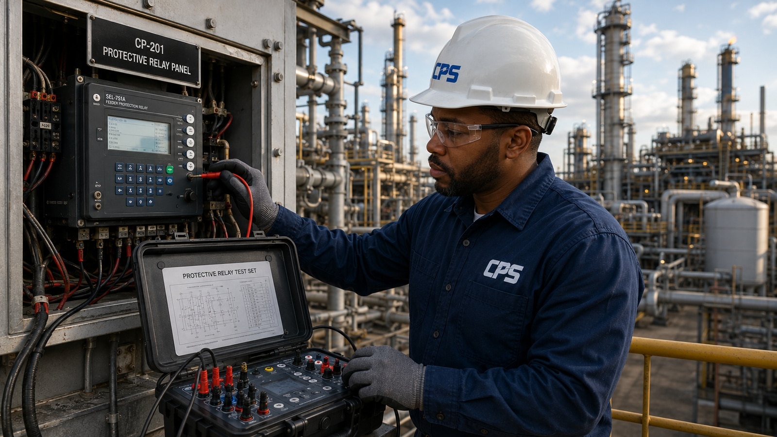 Protective Relay Testing Services | Coastal Power Systems - Coastal Power Systems Electrical technician performing protective relay testing with a secondary injection test set at an oil and gas processing facility for Coastal Power Systems.