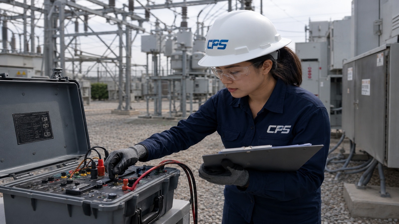 Secondary Injection Testing Services | Coastal Power Systems - Coastal Power Systems Electrical technician performing secondary injection testing on a protective relay using portable test equipment at an electrical substation for Coastal Power Systems.