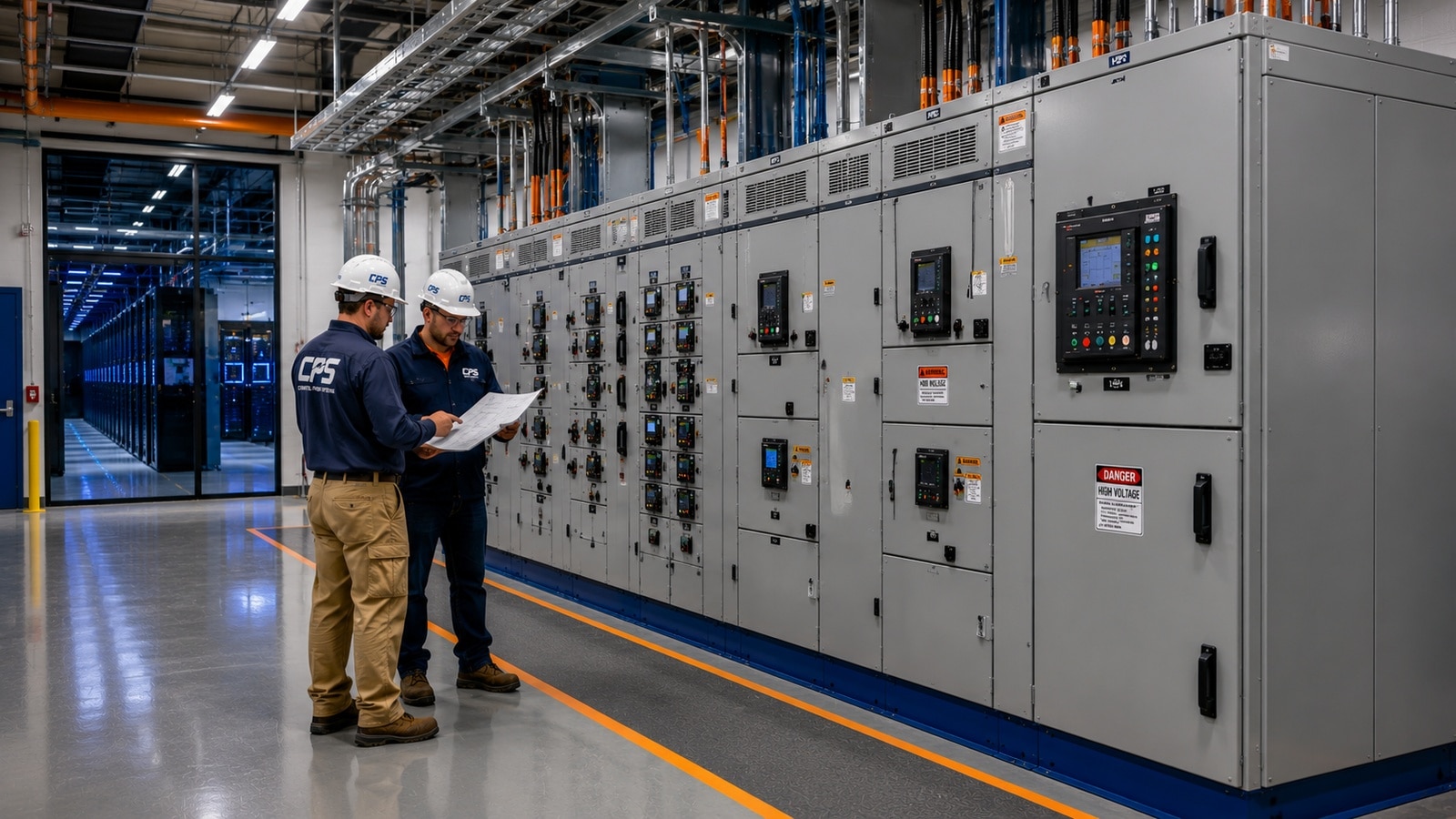 Custom Power Distribution Equipment | Coastal Power Systems - Coastal Power Systems Engineers reviewing custom power distribution equipment installed in a data center electrical distribution room for reliable mission-critical power infrastructure.