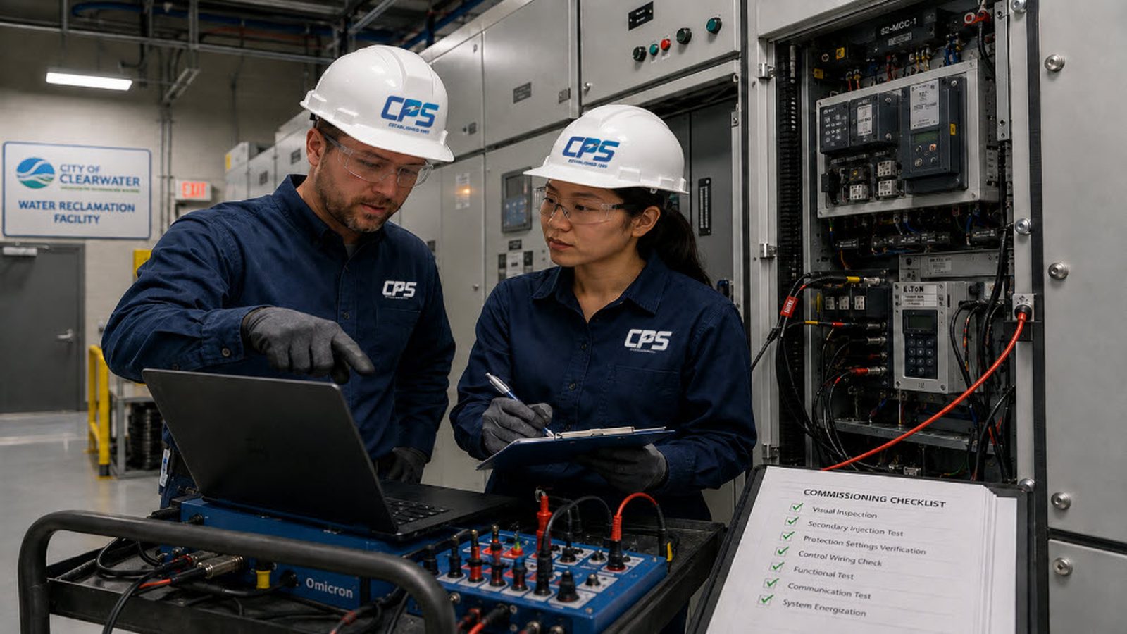 Electrical Commissioning Services | Coastal Power Systems - Coastal Power Systems Electrical technicians performing electrical commissioning services on medium voltage switchgear at a municipal government facility for Coastal Power Systems.