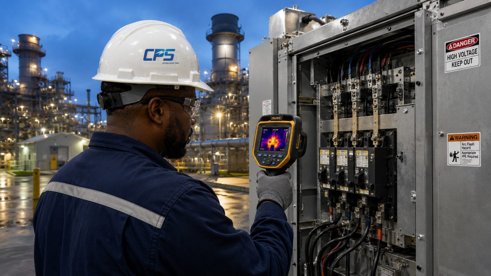 electrical-infrared-thermography - Coastal Power Systems Maintenance technician in a white hard hat and navy coveralls uses a handheld infrared camera to inspect a high‑voltage electrical panel at an industrial facility.