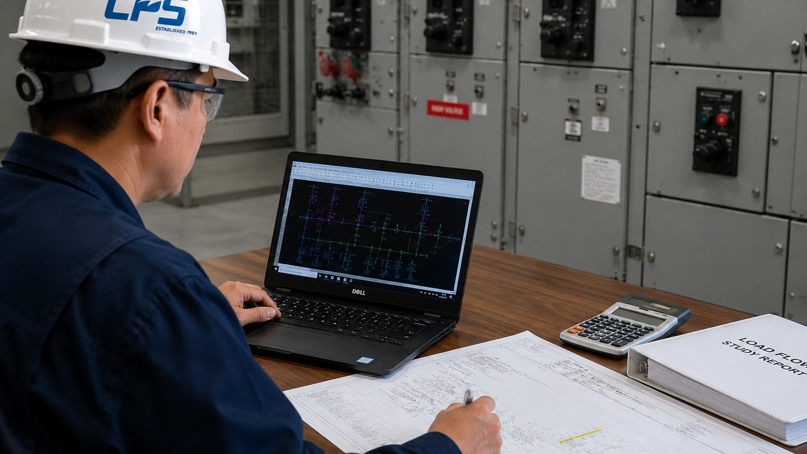 Engineering St - Coastal Power Systems Electrical engineer reviewing power system engineering studies with electrical one-line diagrams inside an industrial switchgear control room.
