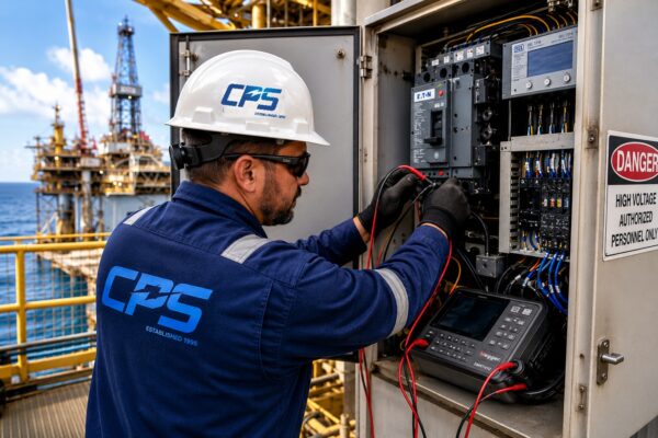 Field Services | Coastal Power Systems - Coastal Power Systems CPS field service technician performing electrical testing on low-voltage switchgear aboard an offshore oil and gas platform.