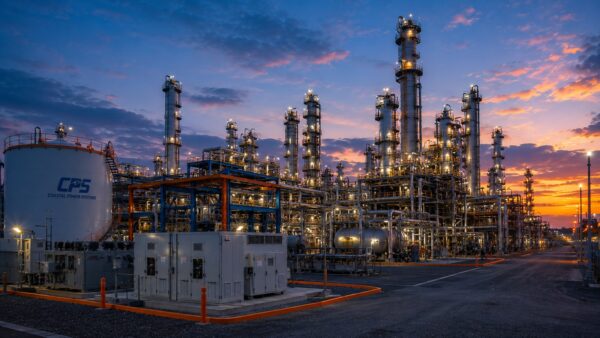 Oil & Gas Industry - Coastal Power Systems Modern oil and gas processing facility with electrical distribution infrastructure, process equipment, and mission-critical power systems at sunset.
