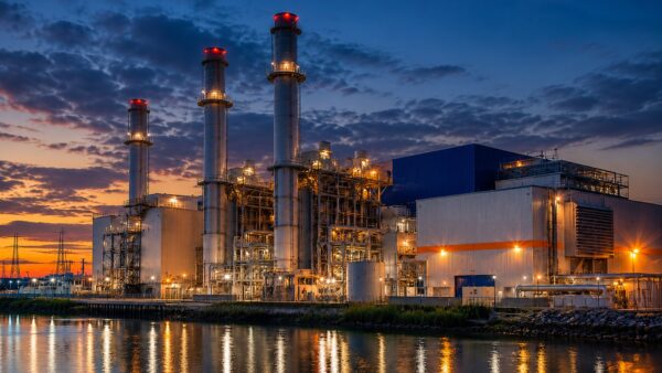 Power Generation Industry - Coastal Power Systems Modern power generation facility with gas turbine infrastructure, electrical distribution systems, and utility-scale energy production equipment at sunset.