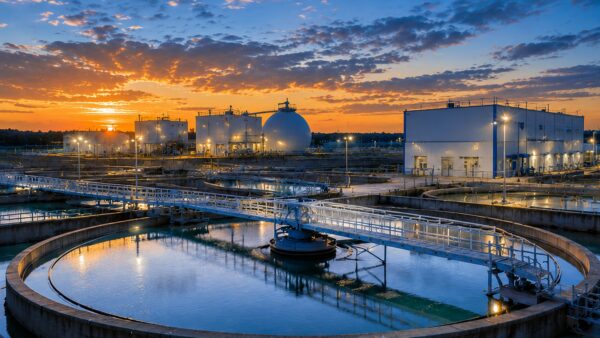 Water & Wastewater Industry - Coastal Power Systems Municipal water and wastewater treatment facility with clarifiers, pumping systems, electrical control infrastructure, and critical utility operations.