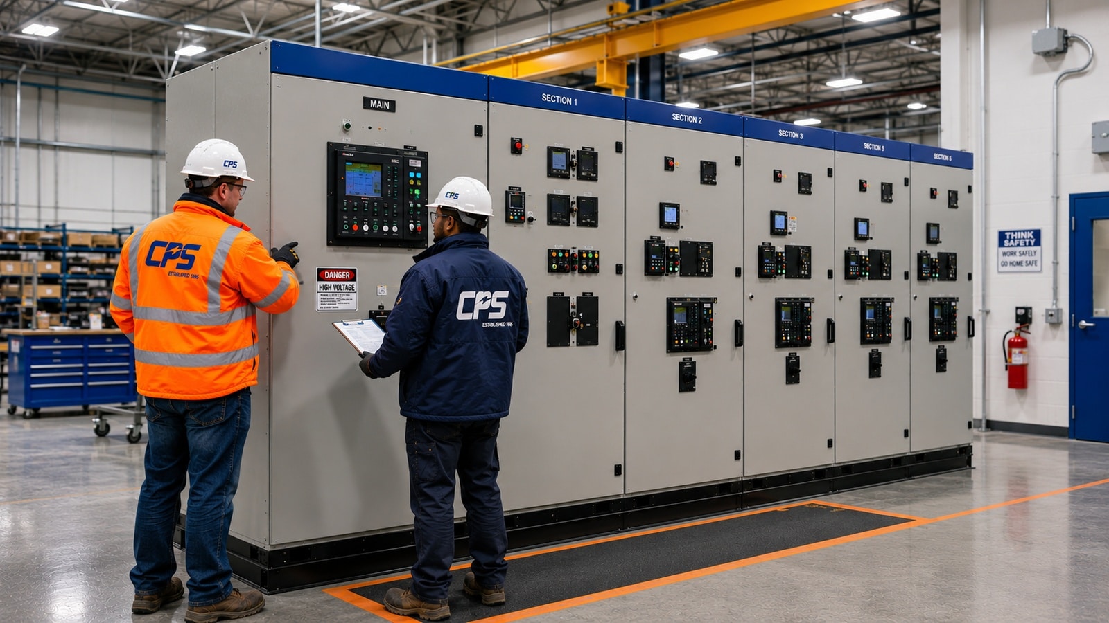 Low Voltage Switchgear | Coastal Power Systems - Coastal Power Systems Low voltage switchgear lineup manufactured by Coastal Power Systems with technicians performing equipment inspection in an industrial manufacturing facility.