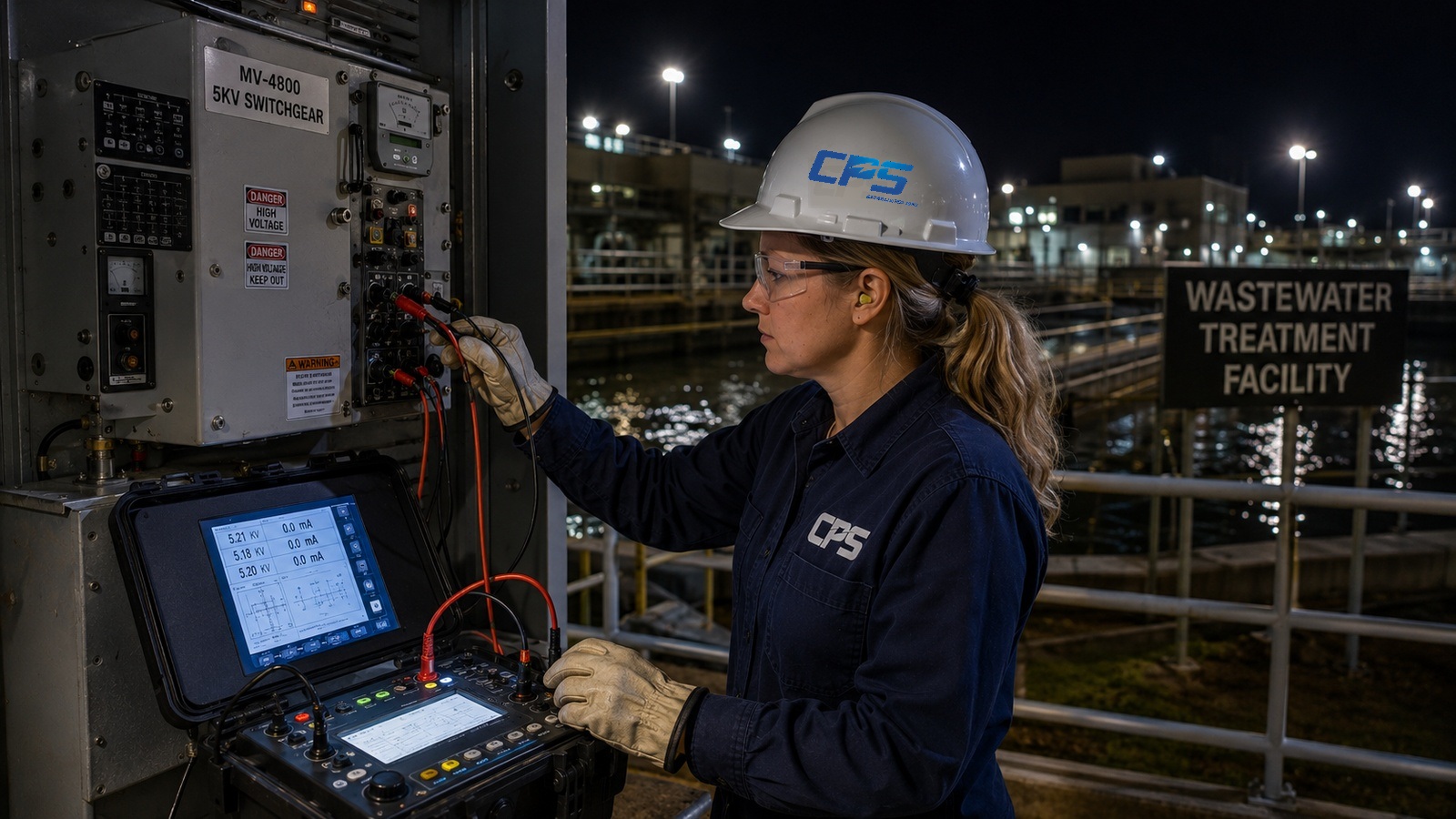 Medium Voltage Equipment Testing | Coastal Power Systems - Coastal Power Systems Electrical technician performing medium voltage equipment testing on switchgear at a wastewater treatment facility at night for Coastal Power Systems.