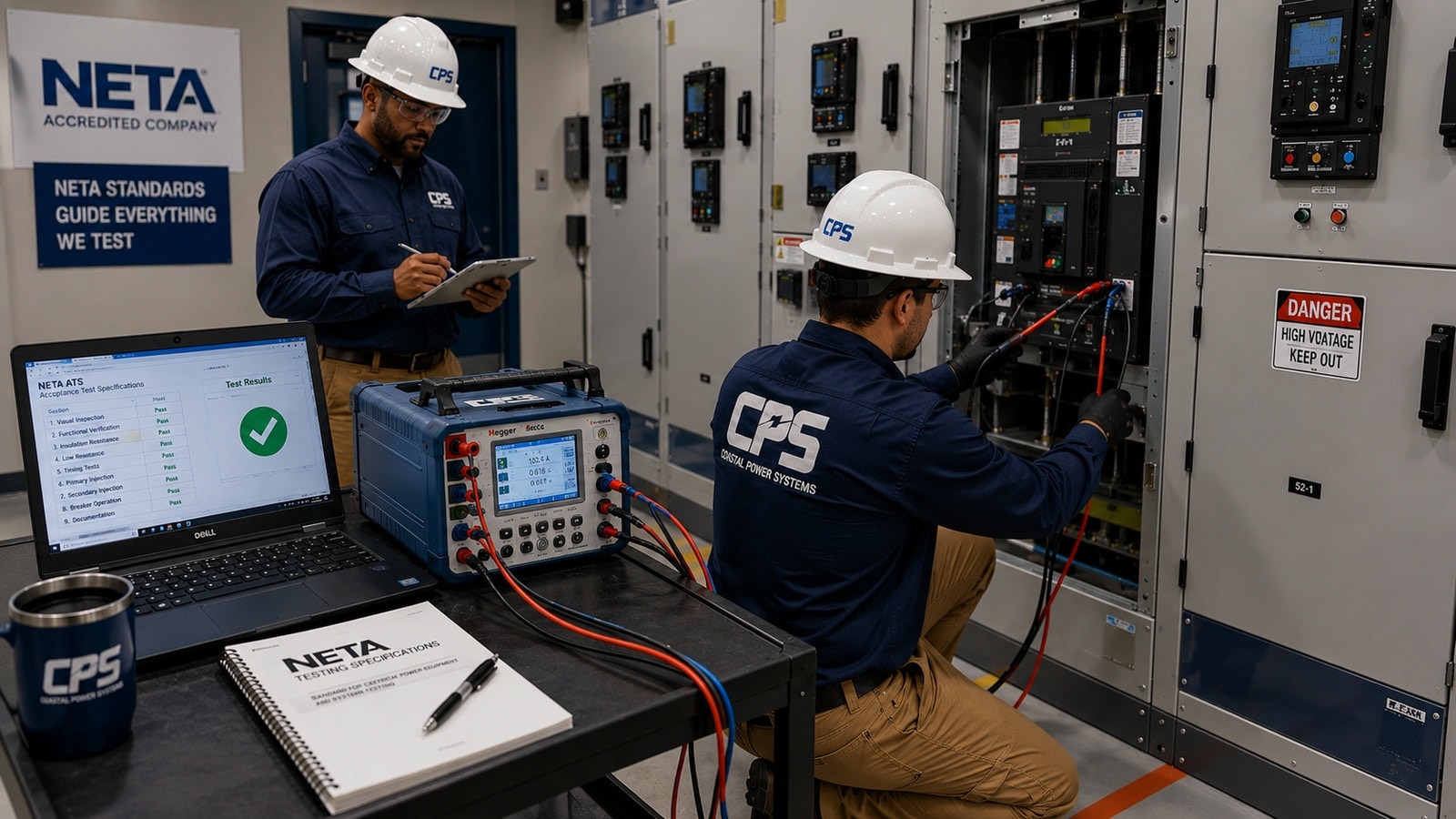 NETA-Guided Testing Services | Coastal Power Systems - Coastal Power Systems Technicians performing NETA-guided electrical equipment testing using specialized test instruments to verify switchgear performance and reliability in an industrial power distribution system.