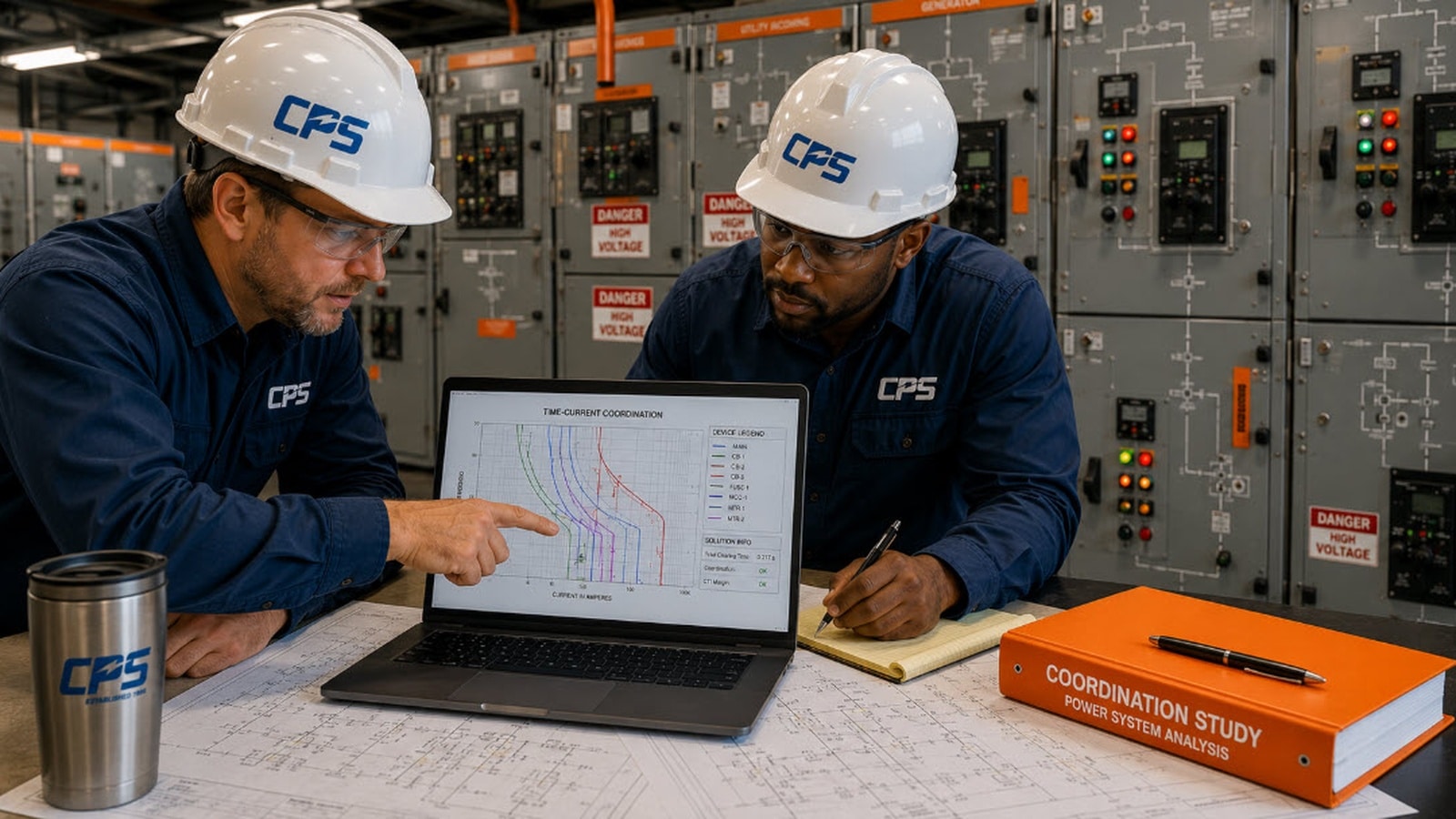 Power Coordination Study Services - Coastal Power Systems Two electrical engineers reviewing a protective device coordination study using time-current coordination curves and one-line diagrams inside an industrial switchgear control room.