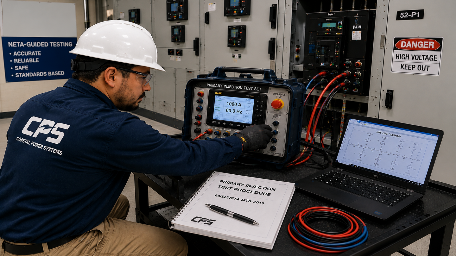 primary-injection-testing-services - Coastal Power Systems Electrical technician performing primary injection testing on low-voltage switchgear using high-current test equipment to verify circuit breaker performance and protective device operation.