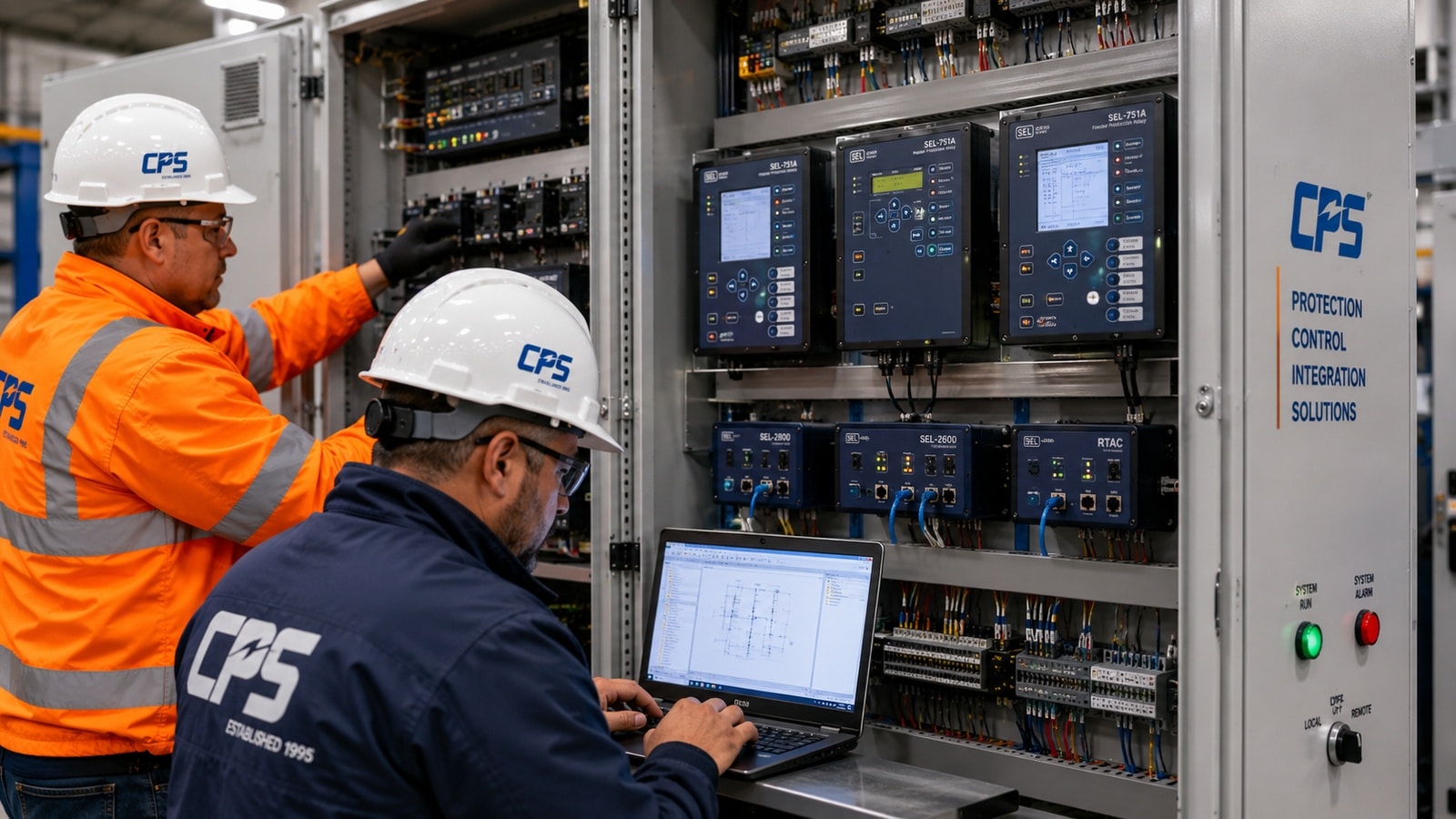 Protection and Control System Integration | Coastal Power Systems - Coastal Power Systems Engineers performing protection and control system integration services by configuring protective relays, control wiring, and automation equipment in an industrial electrical control panel.