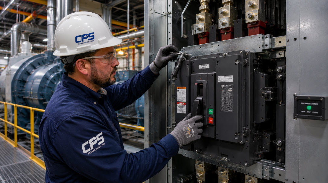 Breaker Retrofill Service | Coastal Power Systems - Coastal Power Systems Industrial technician in a CPS hard hat and safety gloves operating a large electrical control panel in a factory setting.